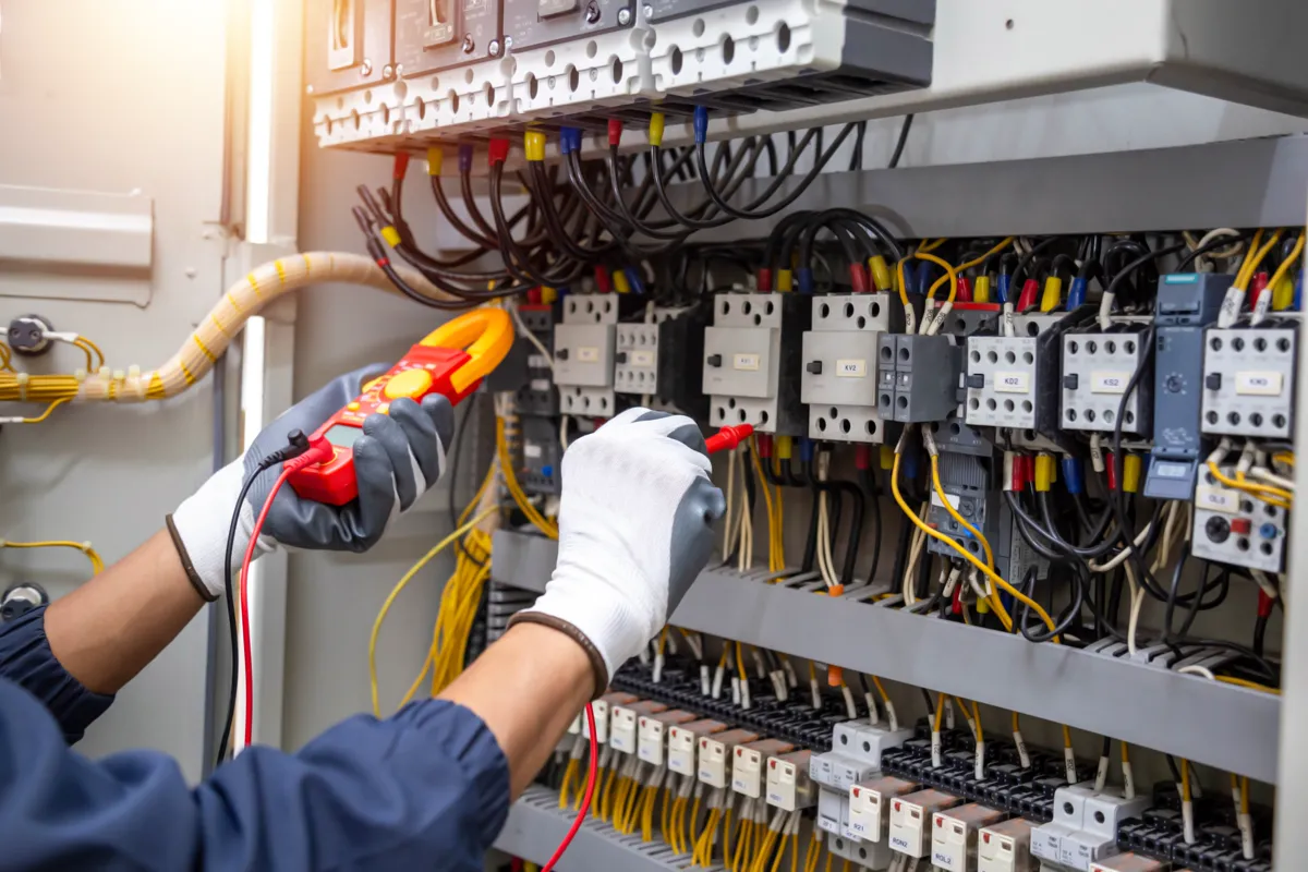 Electricity and electrical maintenance service, Engineer hand holding AC voltmeter checkin